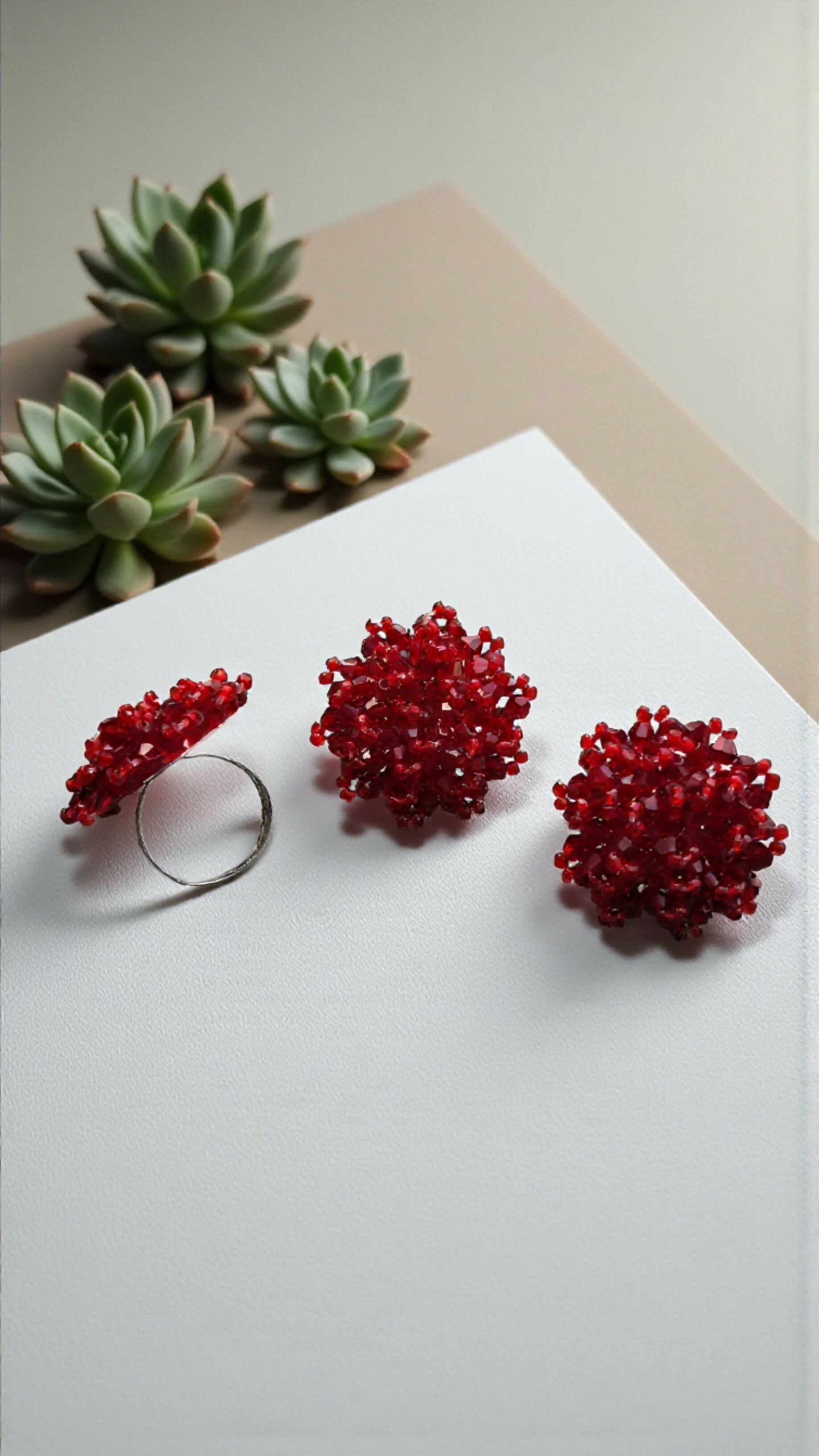 Inhanns Rangmani Crystal Duo – Adjustable Ring + Statement Earrings Set - Maroon | Grocsy