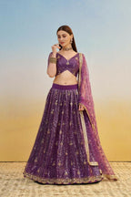 Aastha Fashion Dark Purple Butterfly Net Tone To Tone Thread Work, Sequence Work And Original Mirror Work Embroidery Wedding Wear Lehenga Choli | Grocsy