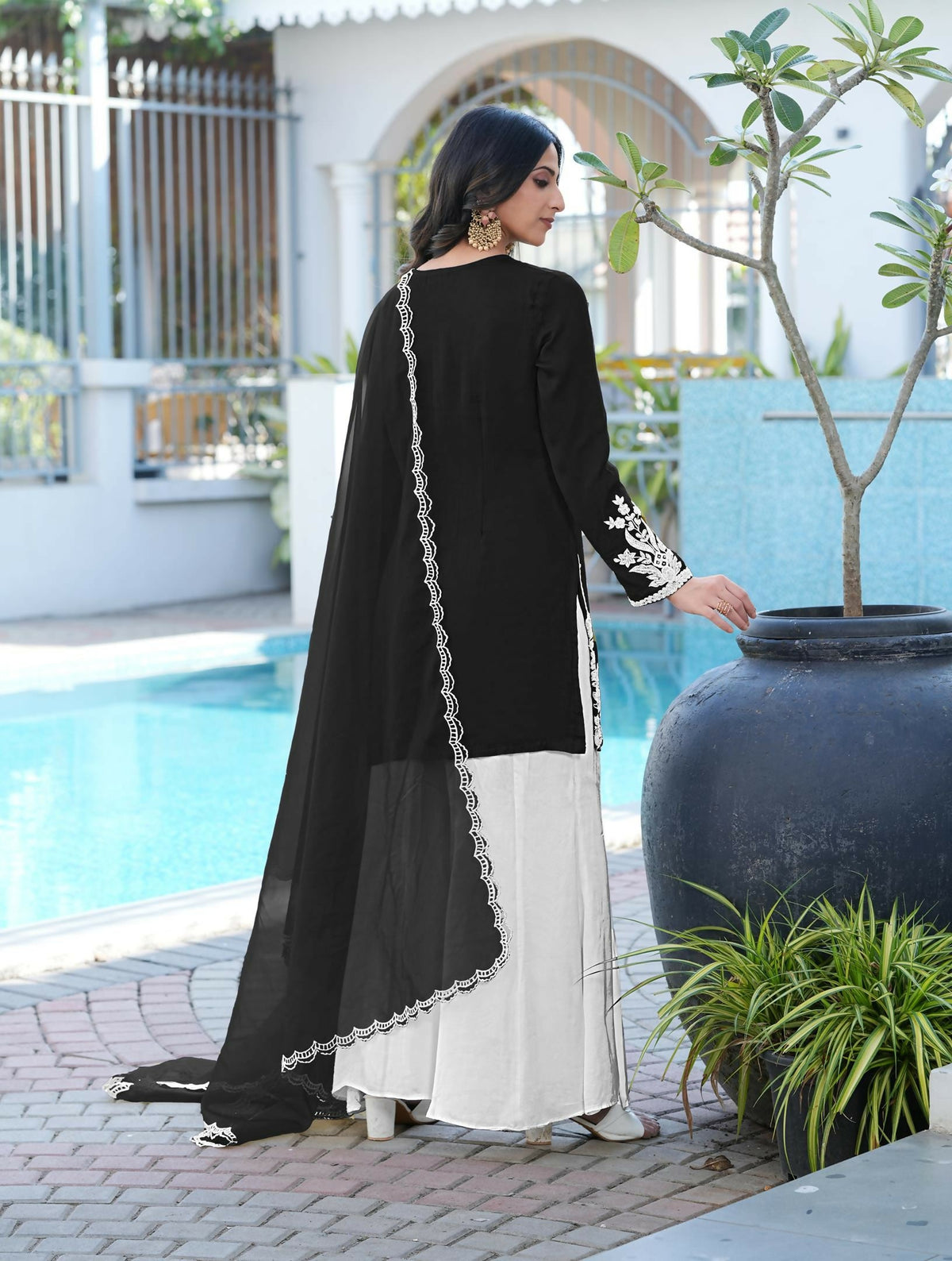 Nikhaar Black Embroidered Modal Silk Stitched Straight Cut Kurta Kalidar Palazzo Dupatta Readymade Suit | Grocsy