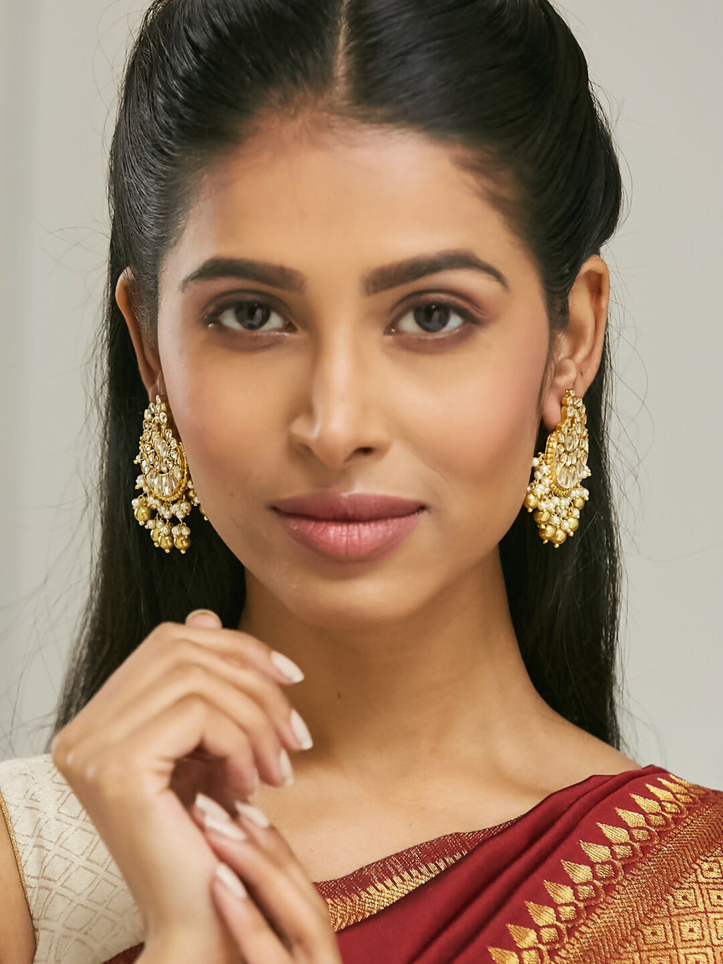 Nuyug 22K Gold-Plated Kundan Stone Studded & Pearl Drop Beaded Crescent Shaped Chandbalis | Grocsy