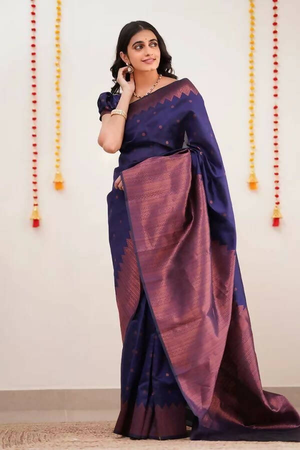 DEIANA'S Beautiful Designer Golden zari Soft Lichi Silk Saree - Navy Blue | Grocsy