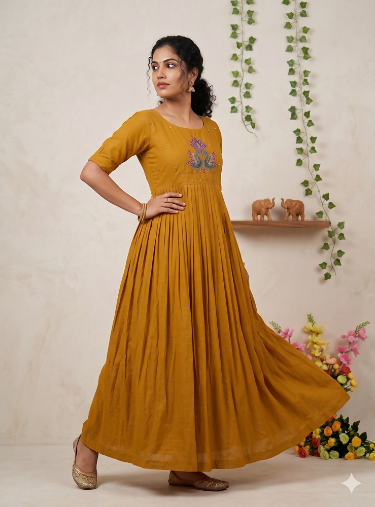 Teeya Creation Women's New Trendy Mustard Pleated Maxi Dress with Intricate Peacock Beadwork | Grocsy