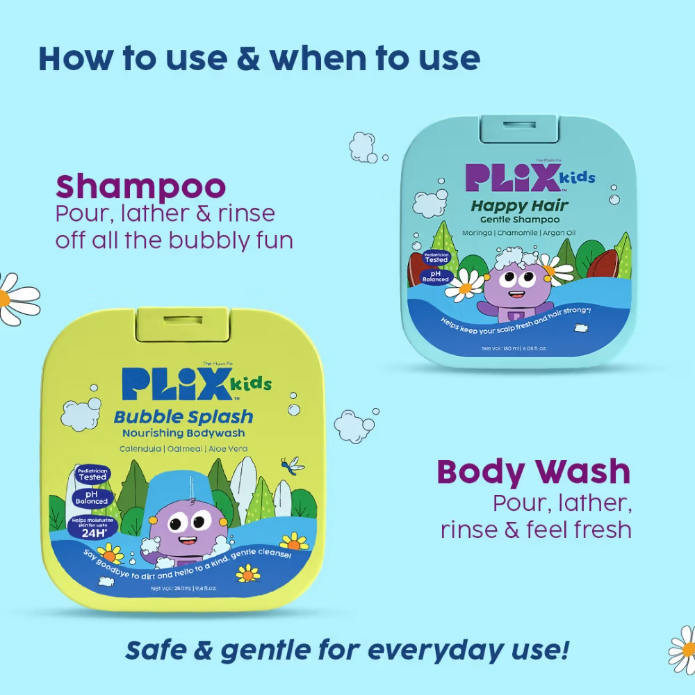 PLIX The Plant Fix Kids Happy Hair Gentle Shampoo & Bubble Splash Body Wash | Grocsy