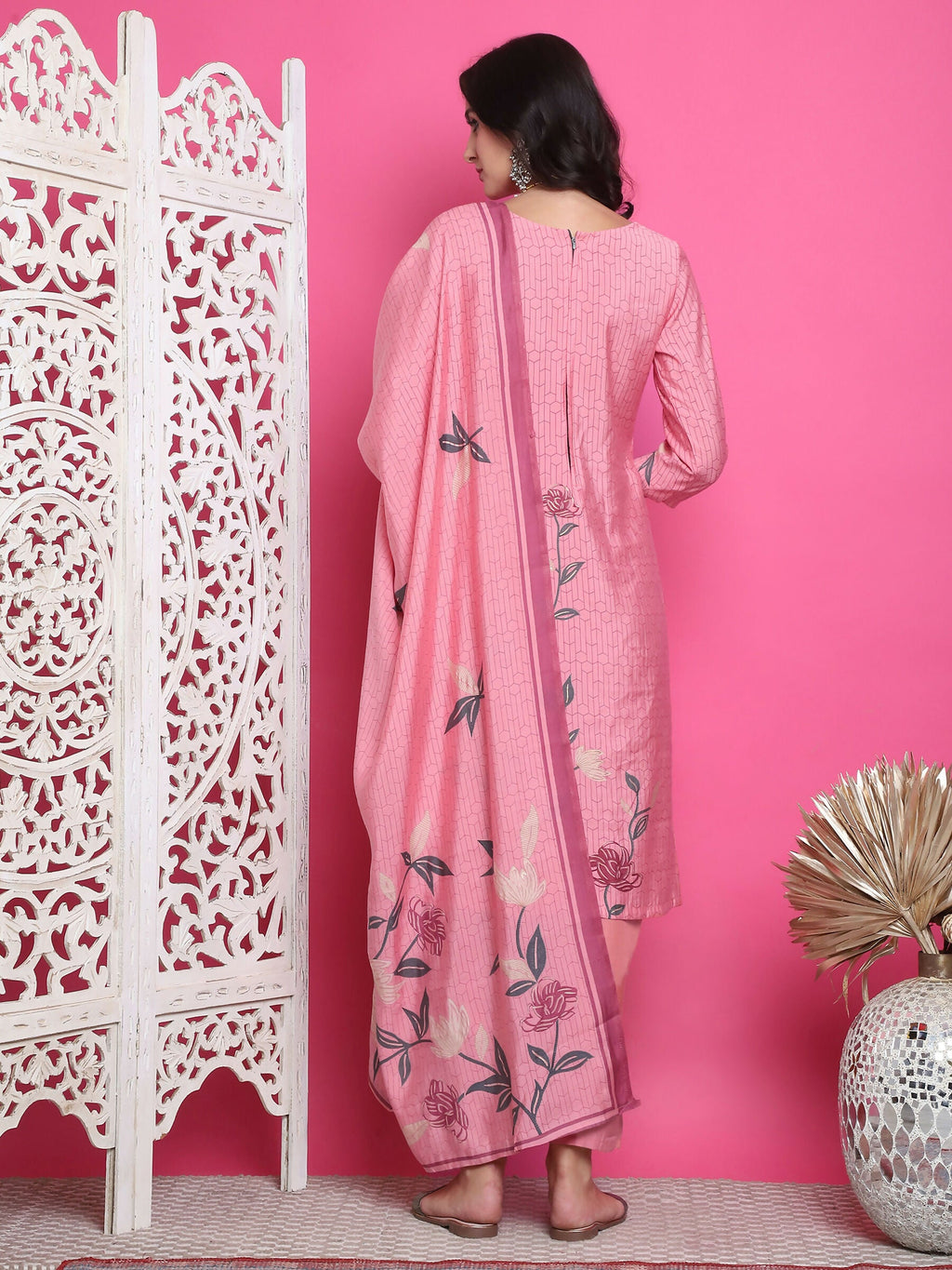 Jyoti Fashion Women's Pink Muslin Floral Print with Jari & Crystal work Kurta with Trouser & Dupatta | Grocsy