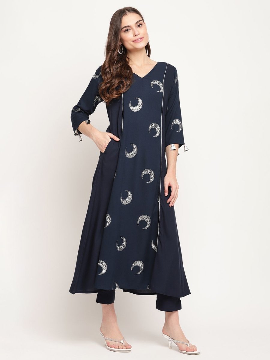 Ahalyaa Women's Navy Blue Rayon Foil & Khari Print Kurta Trouser Set | Grocsy
