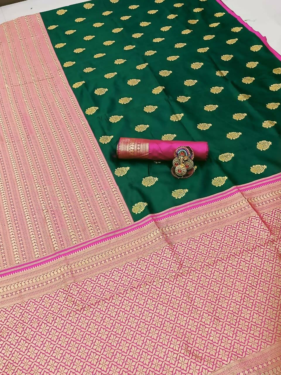 DEIANA'S Beautiful Designer Golden zari Soft Lichi Silk Saree - Green | Grocsy