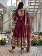 Teeya Creation New Trendy Stylish Wedding Wear Embroidered Anarkali Set - Maroon | Grocsy