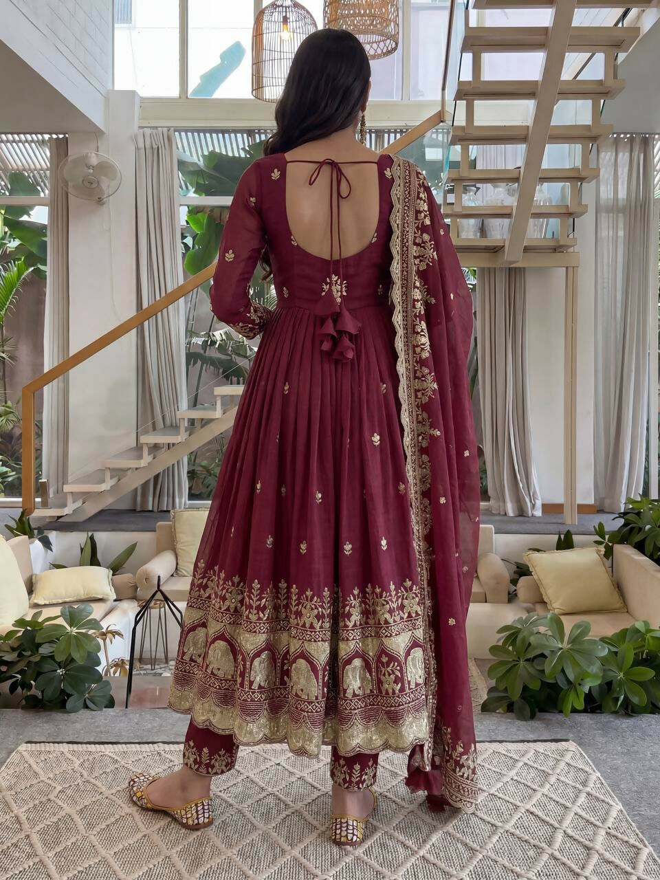 Teeya Creation New Trendy Stylish Wedding Wear Embroidered Anarkali Set - Maroon | Grocsy