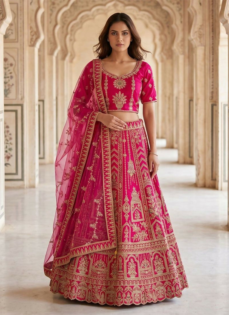 Lehenga Mart Pink Heavy Silk With Fusing Designer Bollywood Style Wedding Wear Lehenga Choli | Grocsy