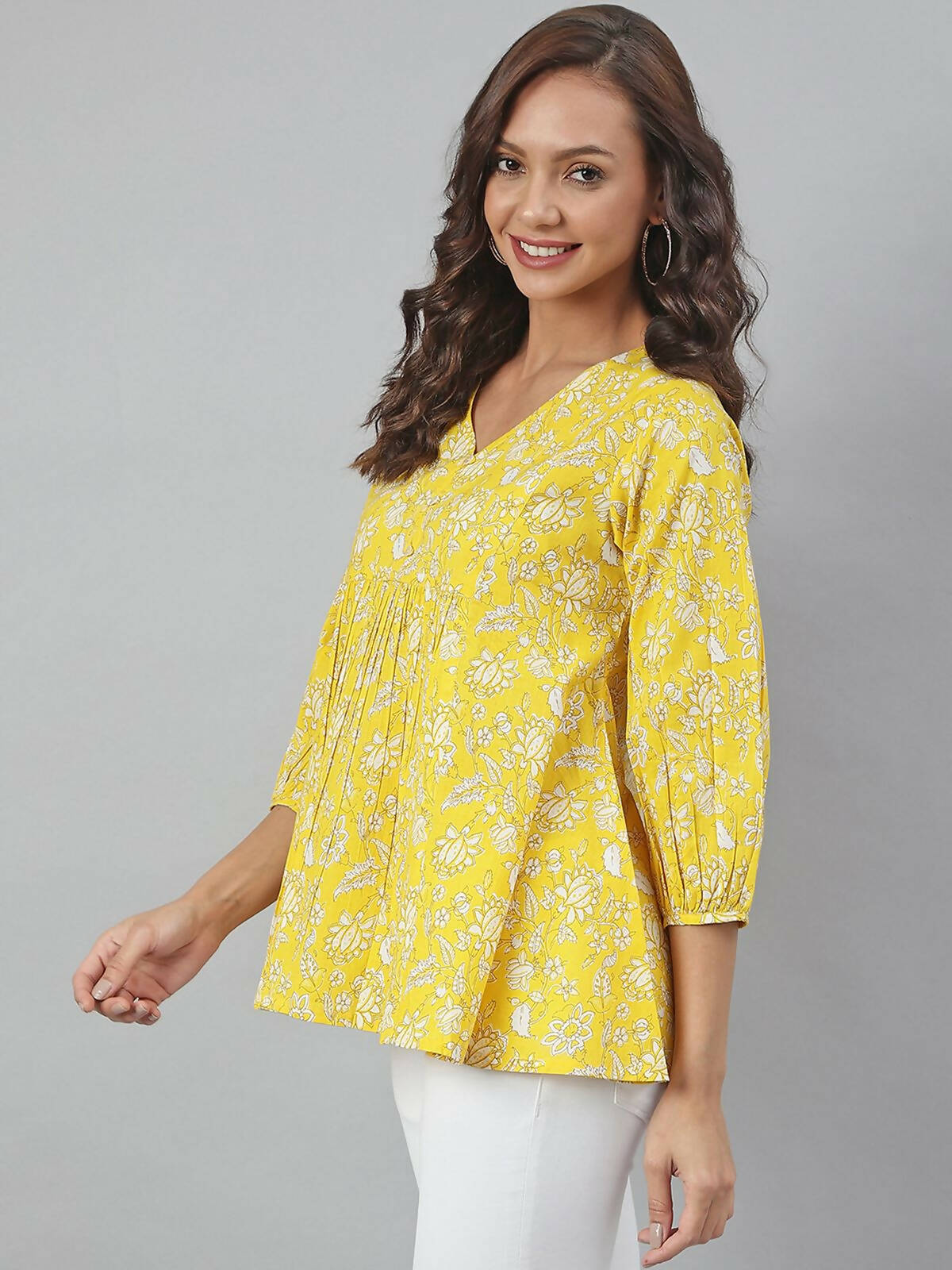 Janasya Women's Yellow Cotton Floral Print Flared Top | Grocsy