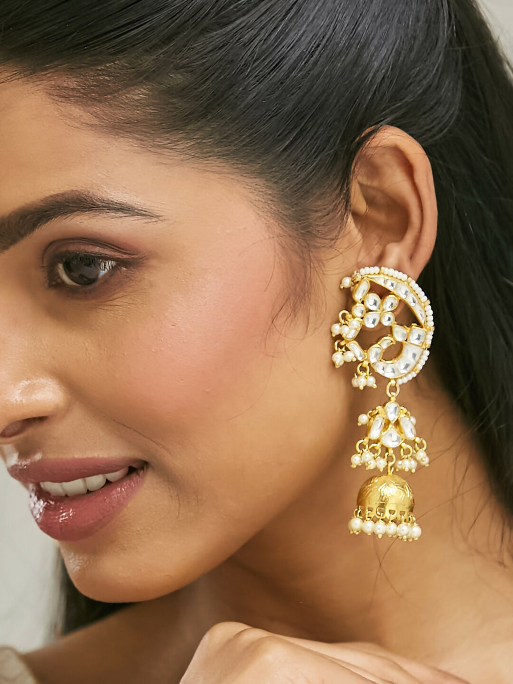 Nuyug 22K Gold-Plated Elegant Kundan Stone Studded & Pearl Drops Mini Jhumki Dangler Earrings | Grocsy