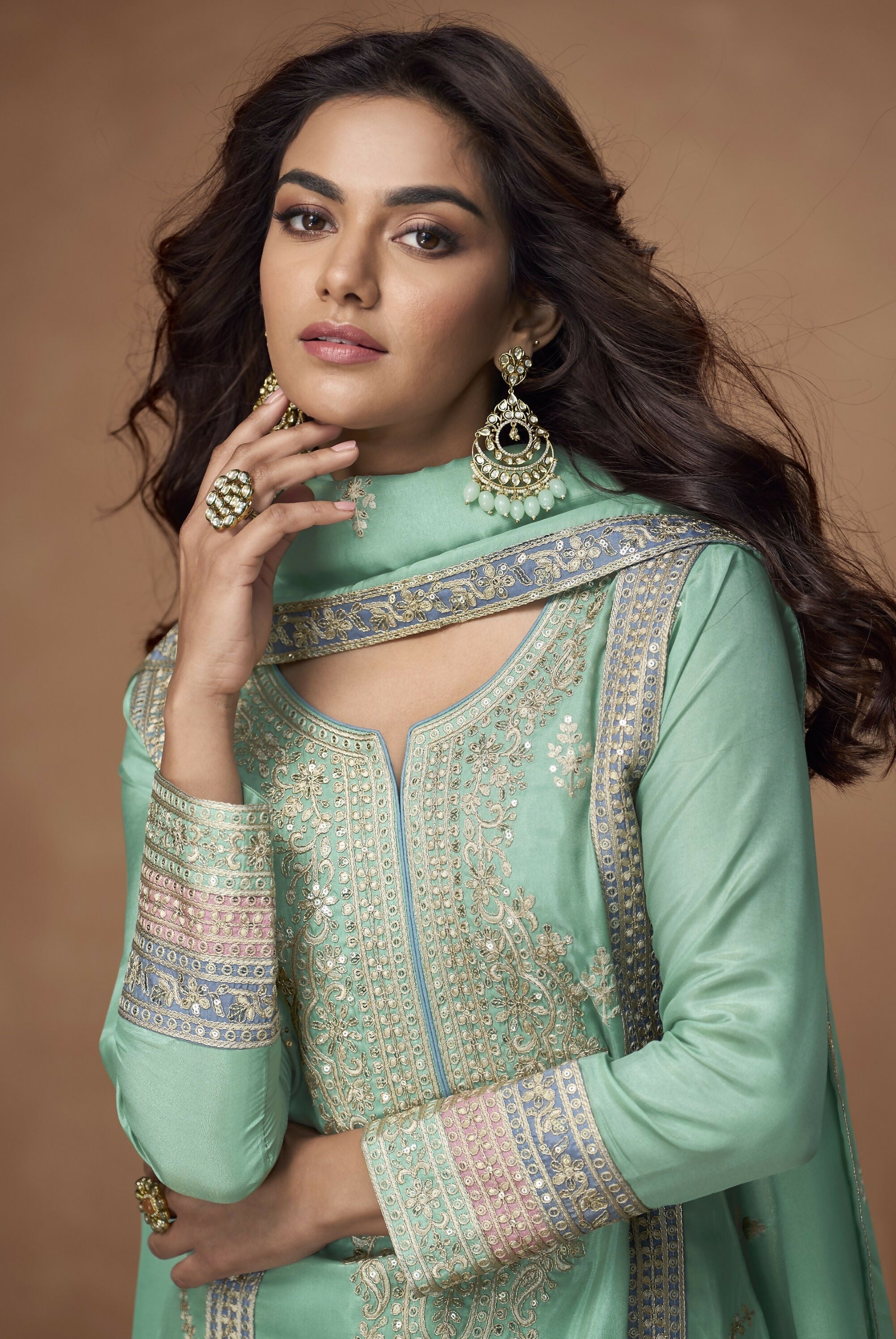 Anaita Sea-Green Chinon Readymade Palazzo Suit with Embroidery Sequence Work | Grocsy