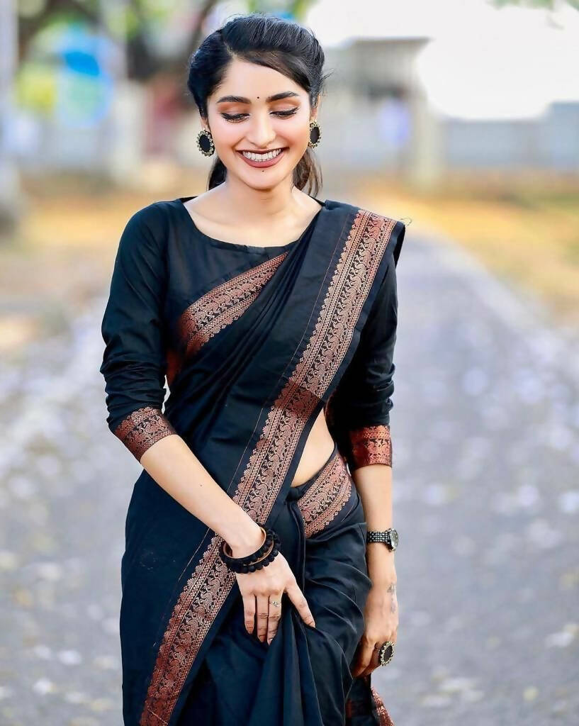 DEIANA'S Beautiful Designer Golden zari Soft Lichi Silk Saree - Black | Grocsy