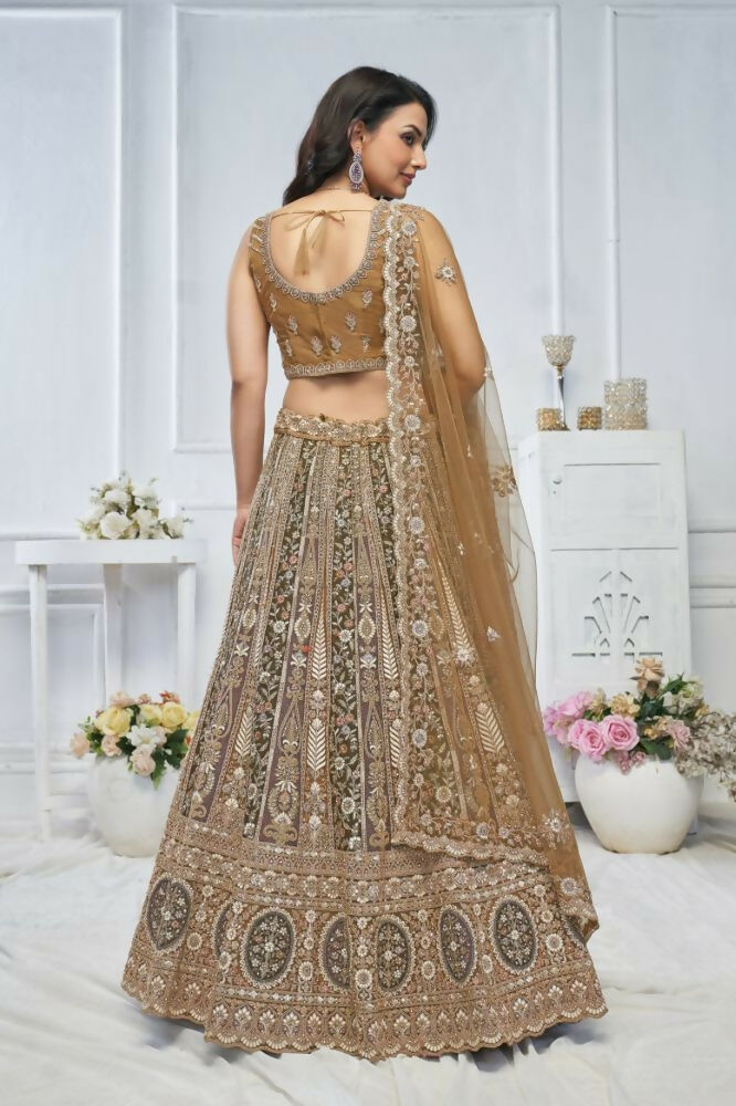 Kesar Fab Brown Net Embroidered Lehenga | Grocsy