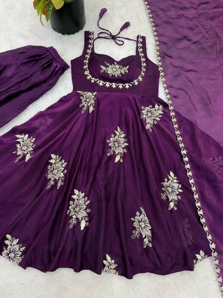 Teeya Creation New Womens Trendy Embroidery Sequence Work Purple Kurta Set | Grocsy