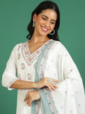 Sangria Printed Pure Cotton V- Neck Kurta & Trousers With Dupatta | Grocsy