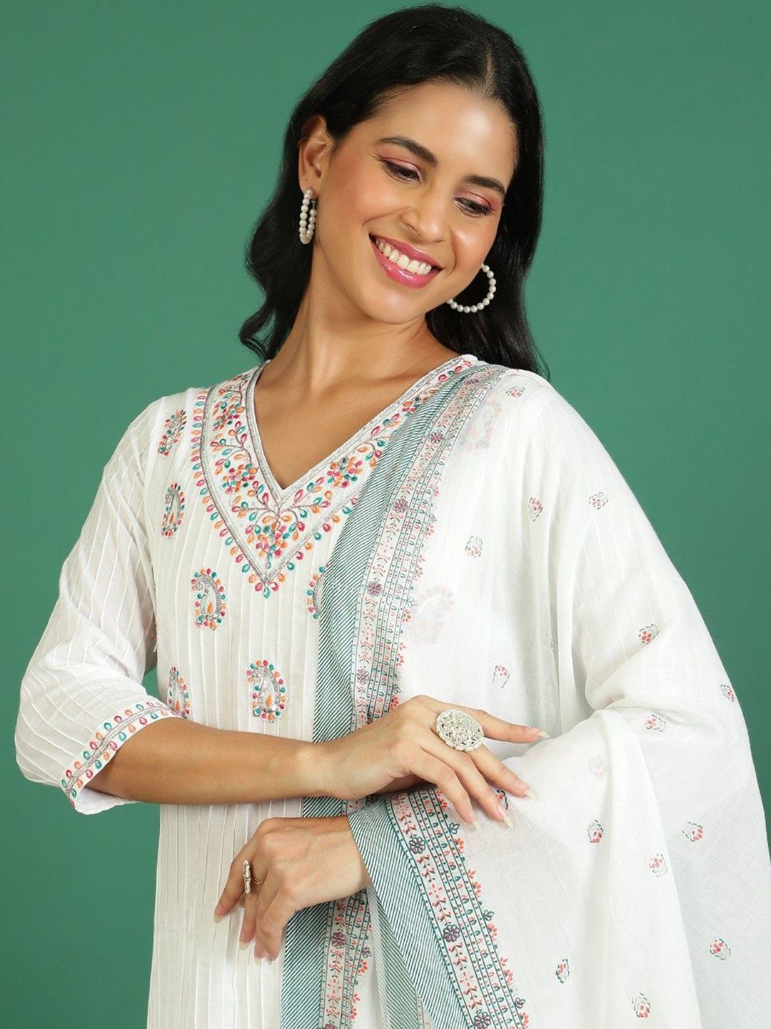 Sangria Printed Pure Cotton V- Neck Kurta & Trousers With Dupatta | Grocsy