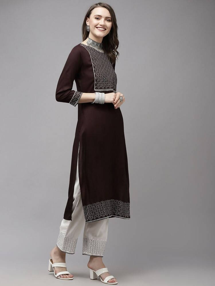Yufta Women Brown Yoke Design Regular Sequinned Kurta with Palazzo & With Dupatta | Grocsy