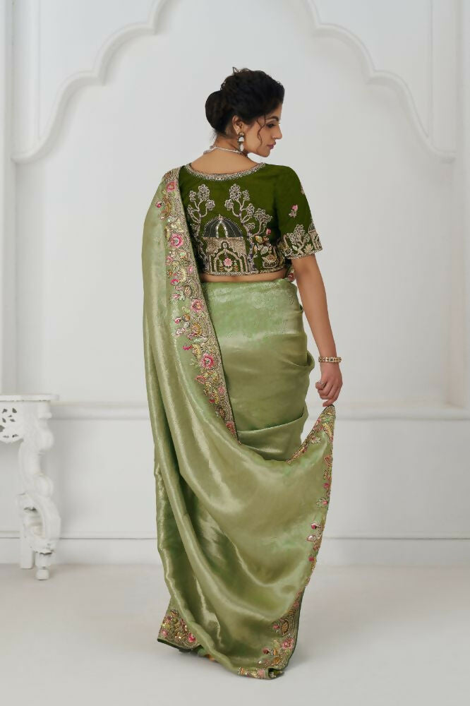 Kesar Fab Mehendi Color With Multi-Thread And Sequins Embroidery For Wedding Saree | Grocsy