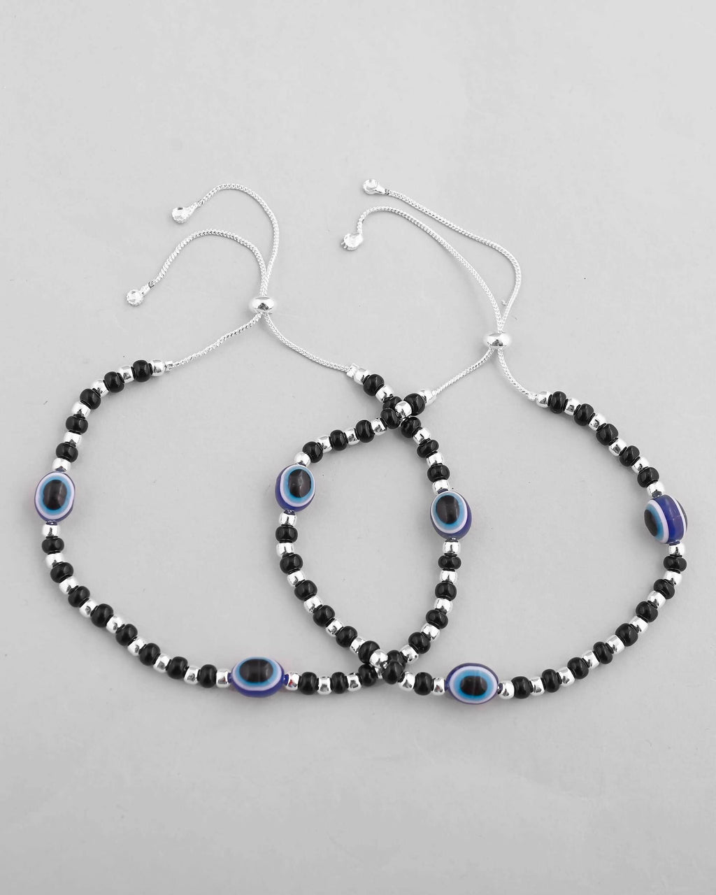 VOJ Set of 2 Silver Plated Evil Eye With Black And Silver Beads Anklet | Grocsy