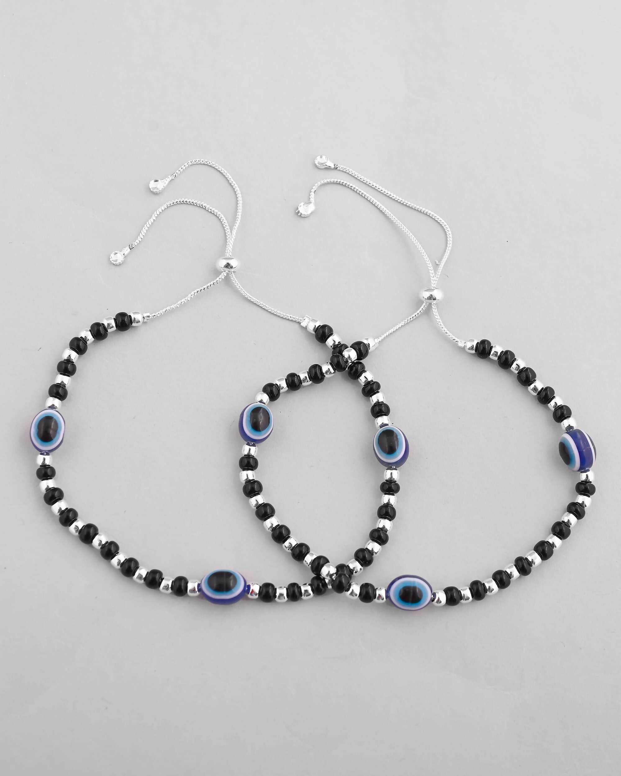 VOJ Set of 2 Silver Plated Evil Eye With Black And Silver Beads Anklet | Grocsy