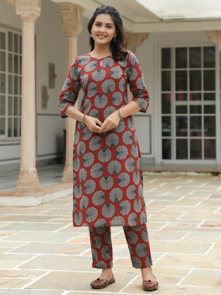 Aramya Straight Soft Cotton Abstract Print Women's Kurta - Red | Grocsy