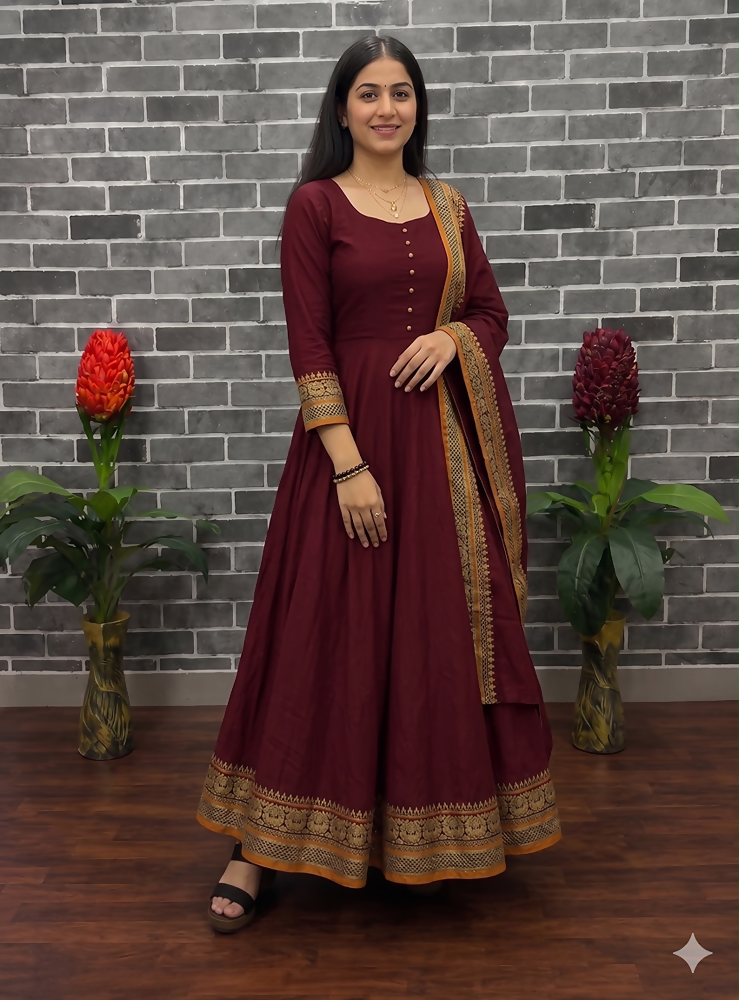 Teeya Creation New Trendy Stylish Maroon Solid Anarkali Kurta with Traditional Golden Border Dupatta Set | Grocsy