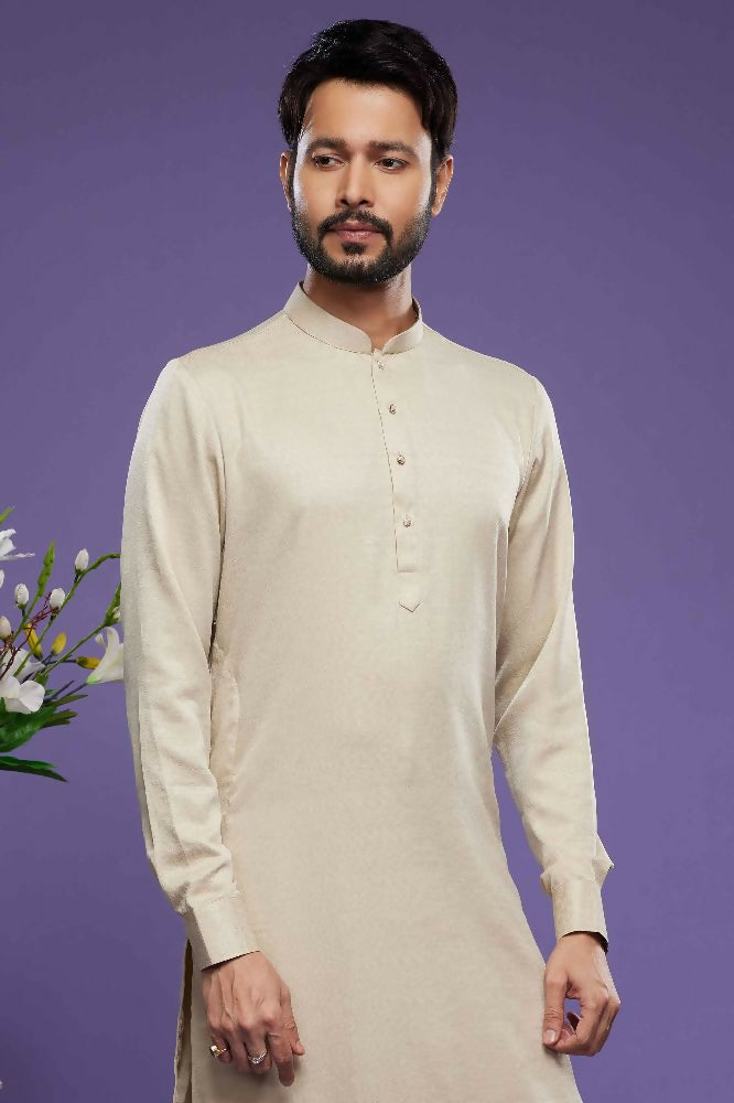 Raivat Ethnic Art Banarasi Silk Thread Work Kurta Pajama In Beige Colour | Grocsy