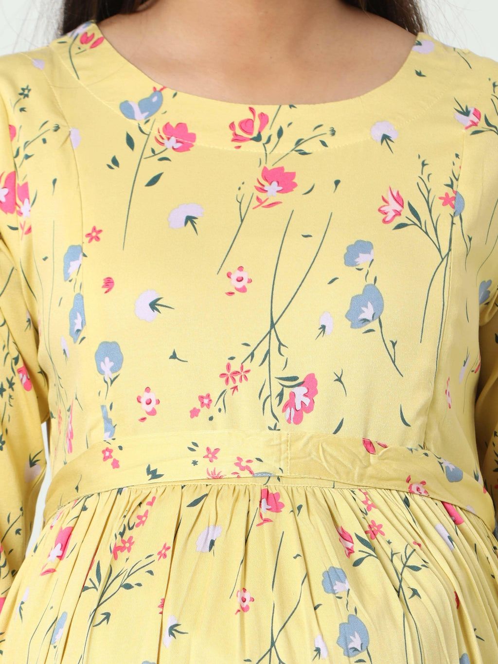 Manet Three Fourth Maternity Dress Floral Print With Concealed Zipper Nursing Access - Yellow | Grocsy
