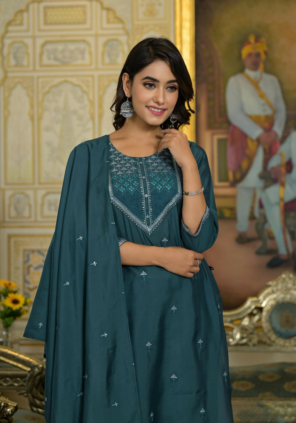 Juniper Women's Rama Green Thread Embroidered Viscose Kurta Pant And Dupatta Set With Sequins Work | Grocsy