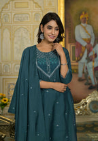 Juniper Women's Rama Green Thread Embroidered Viscose Kurta Pant And Dupatta Set With Sequins Work | Grocsy