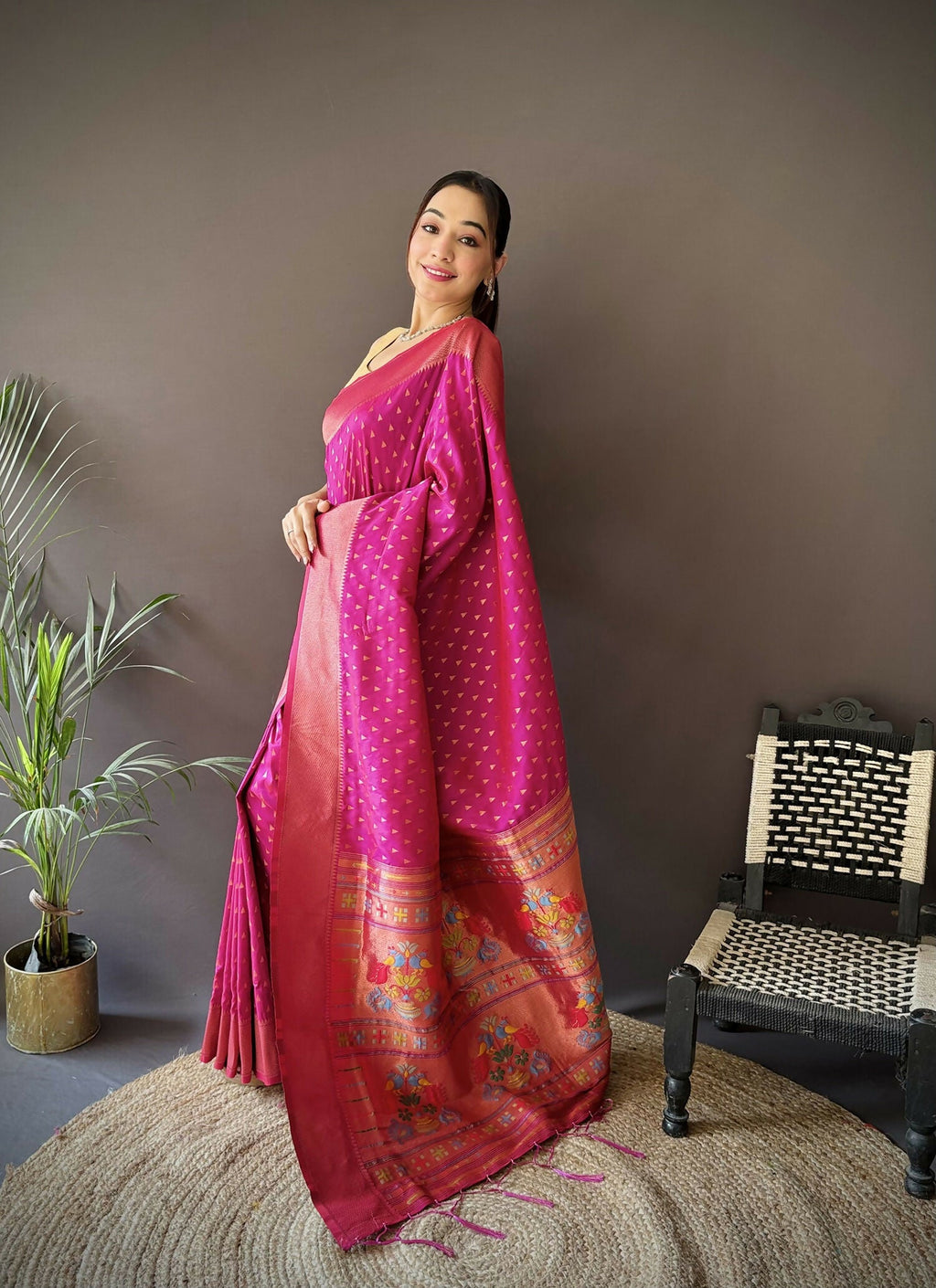 Joban Fashion Rani Pink Jacquard Butti Soft Lichi Silk Paithani Saree | Grocsy