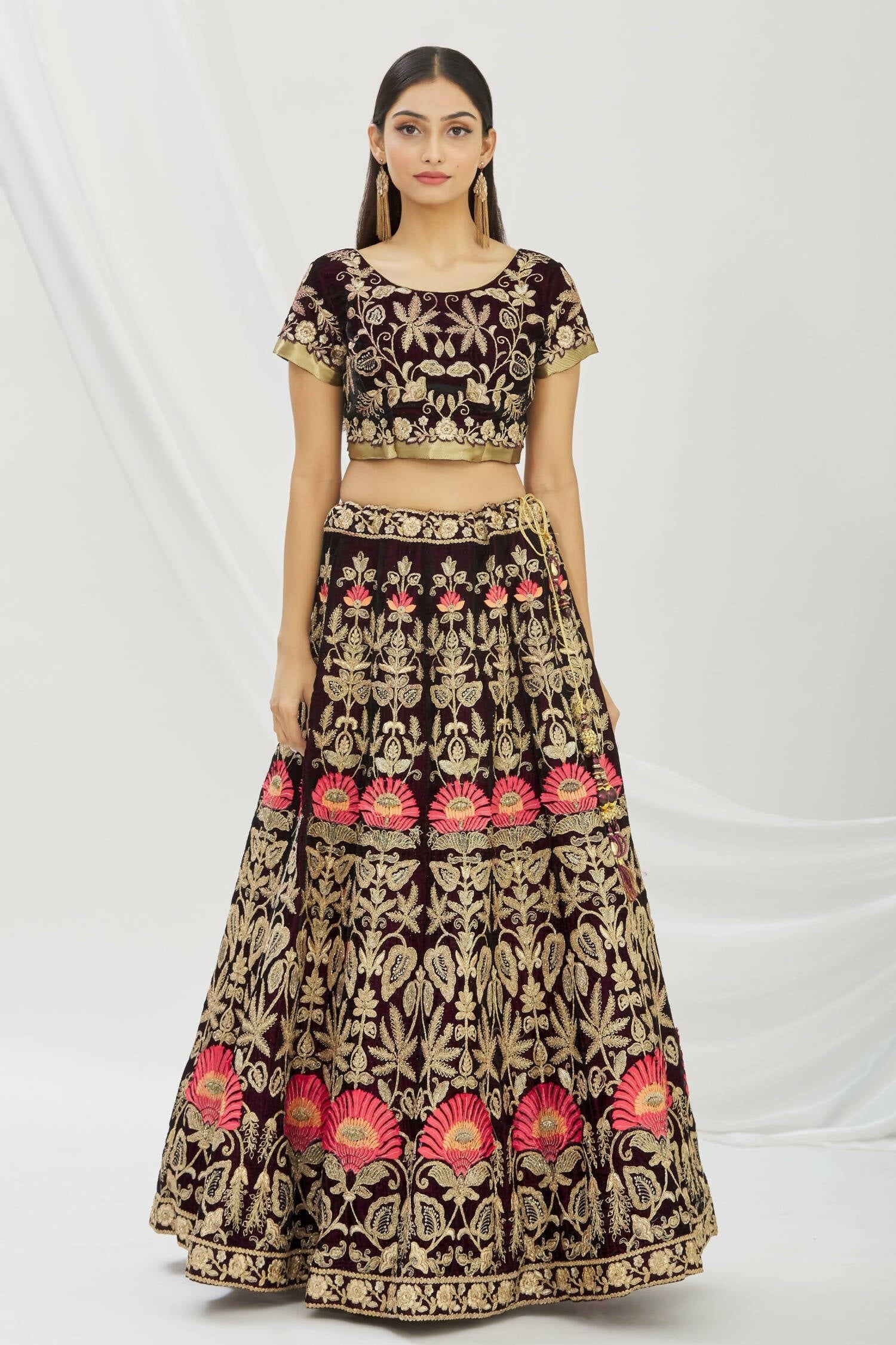 Purple Velvet Semi-Stitched Wedding Bridal Lehenga - Nimaya | Grocsy