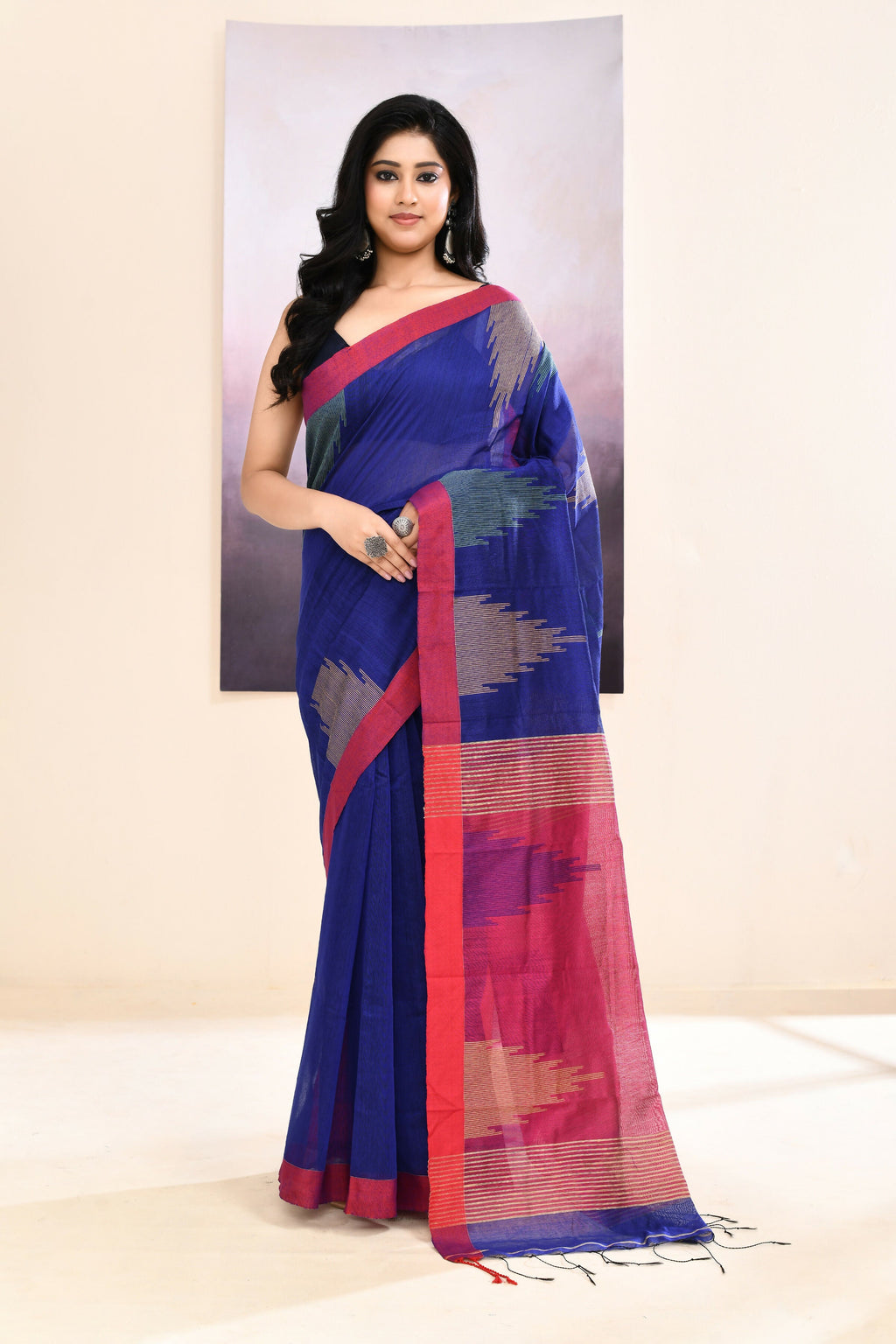 Piyari Fashion Women's Blue Temple Border Embellished Cotton Blend Jamdani Saree | Grocsy
