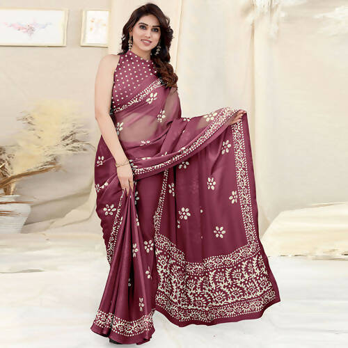 Women's Partywear Designer Wine Chinon Shiffon Fancy Saree - Dyuti | Grocsy