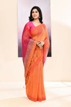 Piyari Fashion Women's Orange Temple Border Embellished Cotton Blend Jamdani Saree | Grocsy