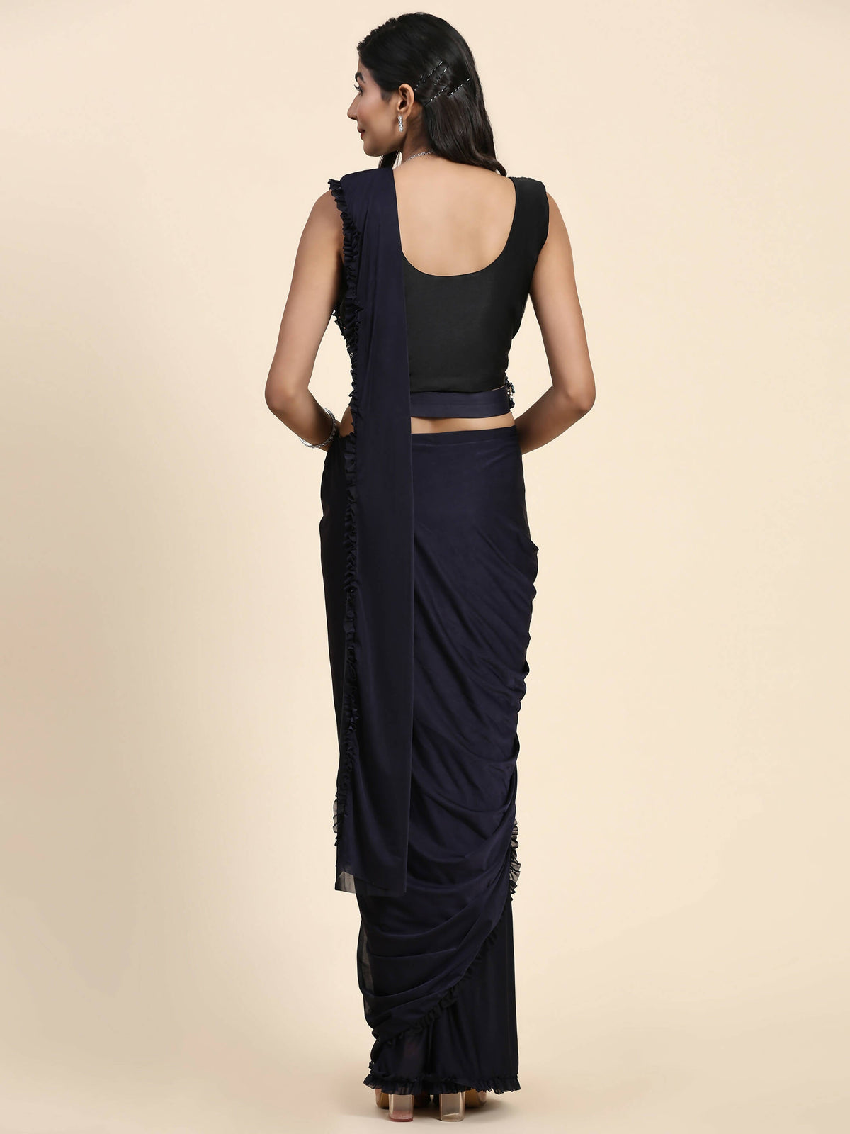 Navy Blue Imported Fabric Plain Ready to wear Saree with stitched Blouse - Vrinda | Grocsy