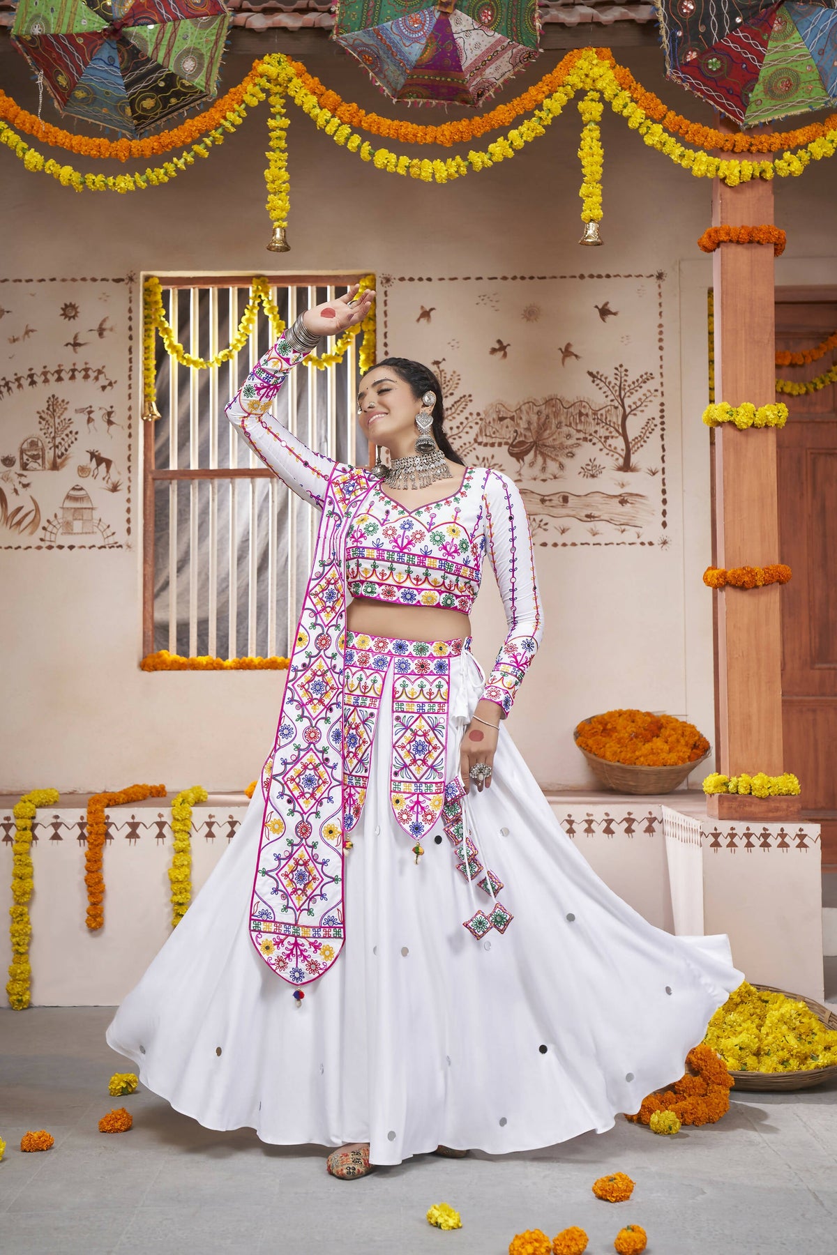 White Viscose Rayon Thread Embroidered with all over mirror work Navratri Lehenga Choli with Dupatta - Raas | Grocsy
