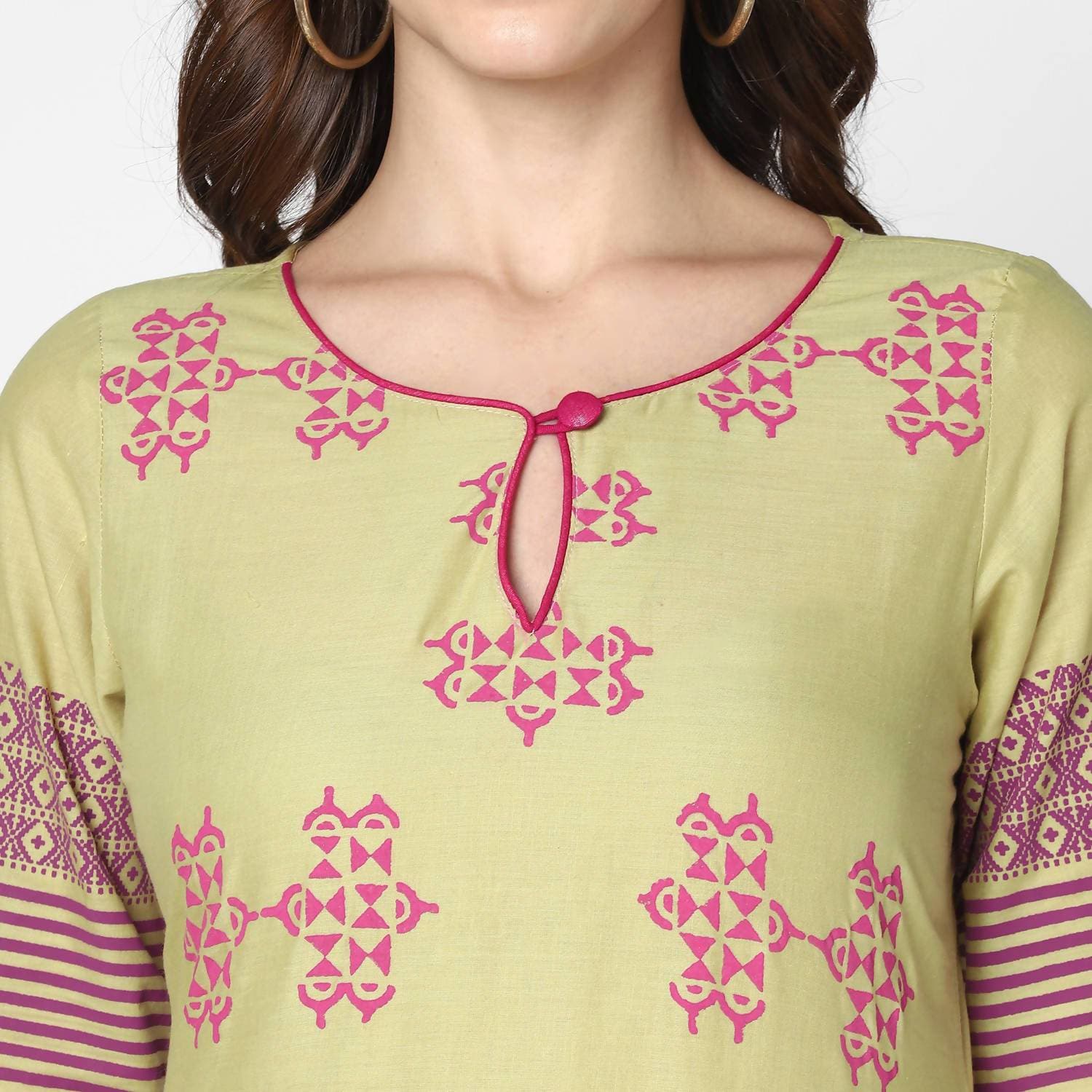 Cheera Hand Block Print Green & Pink Straight Kurta With Palazzo (MAAI-079K) | Grocsy