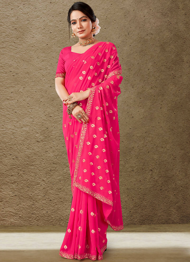 Pink Georgette Embroidered Saree with Unstitched Blouse Piece - Avika | Grocsy