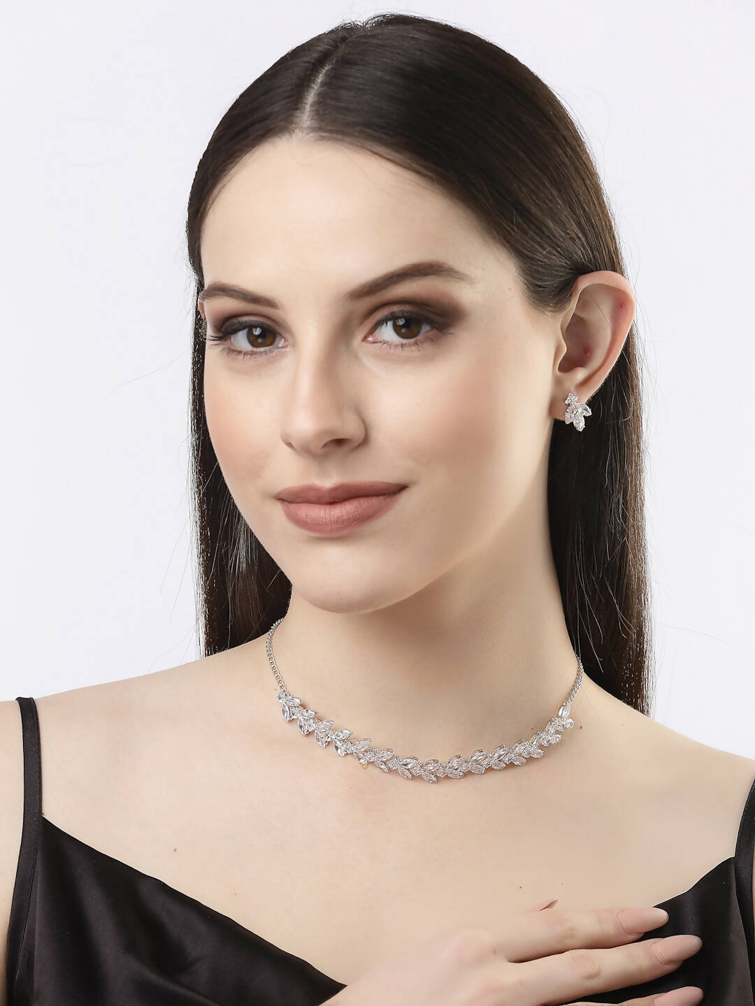 NVR Women Silver-Plated American Diamond Jewellery Set Necklace & Earrings | Grocsy