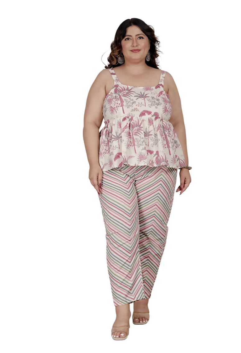 Miravan Womens Plus Size Pink Pure Cotton Leaf Printed Kurti With Palazzo | Grocsy