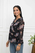 Myshka Women Black Floral V-Neck Regular Sleeves Synthetic Georgette Top | Grocsy