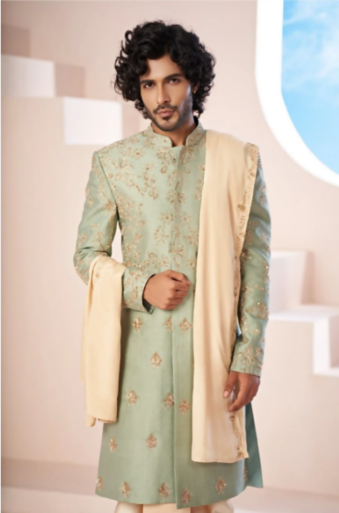 Majestic Mint Green Dupion Silk Sherwani With Satin Dhoti & Santone Dupatta by Hilo Design | Grocsy
