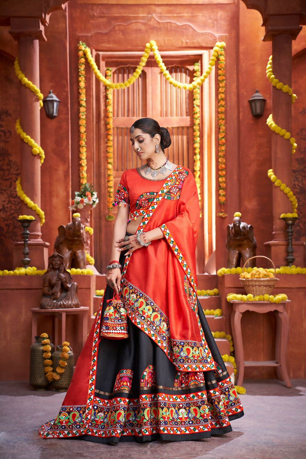 AI Fashion Black Art Silk Designer Navratri Lehenga Choli Collection | Grocsy