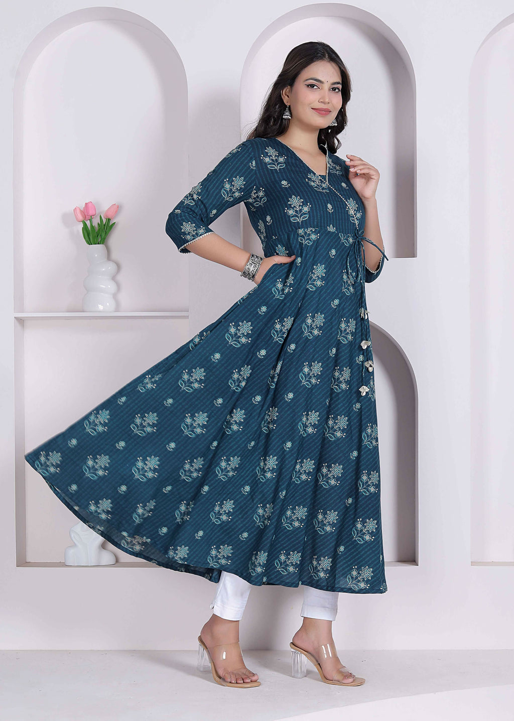 Miravan Womens Blue Ethnic Motifs Printed V-Neck Cotton Angrakha Kurta | Grocsy