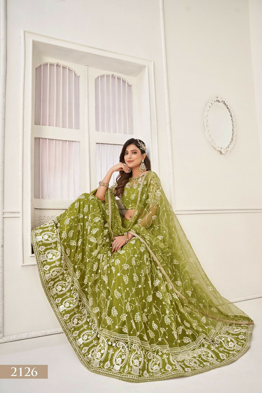 Eilara Women'S Olive Green Butterfly Net Embroidered Thread Work Party Wear Lehenga Choli | Grocsy