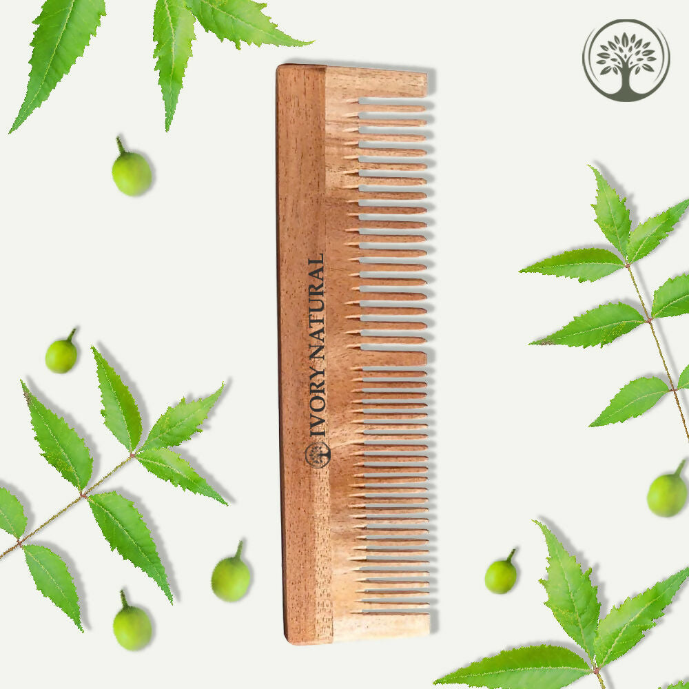 Ivory Natural Dual Tooth Kacchi Neem Comb Infused With Organic Oil For Gentle Detangling And Straightning Hair | Grocsy