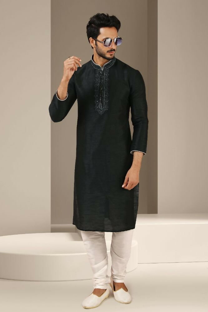 Raivat Ethnic Banarasi Art Silk Thread Work Kurta Pajama In Black Colour | Grocsy