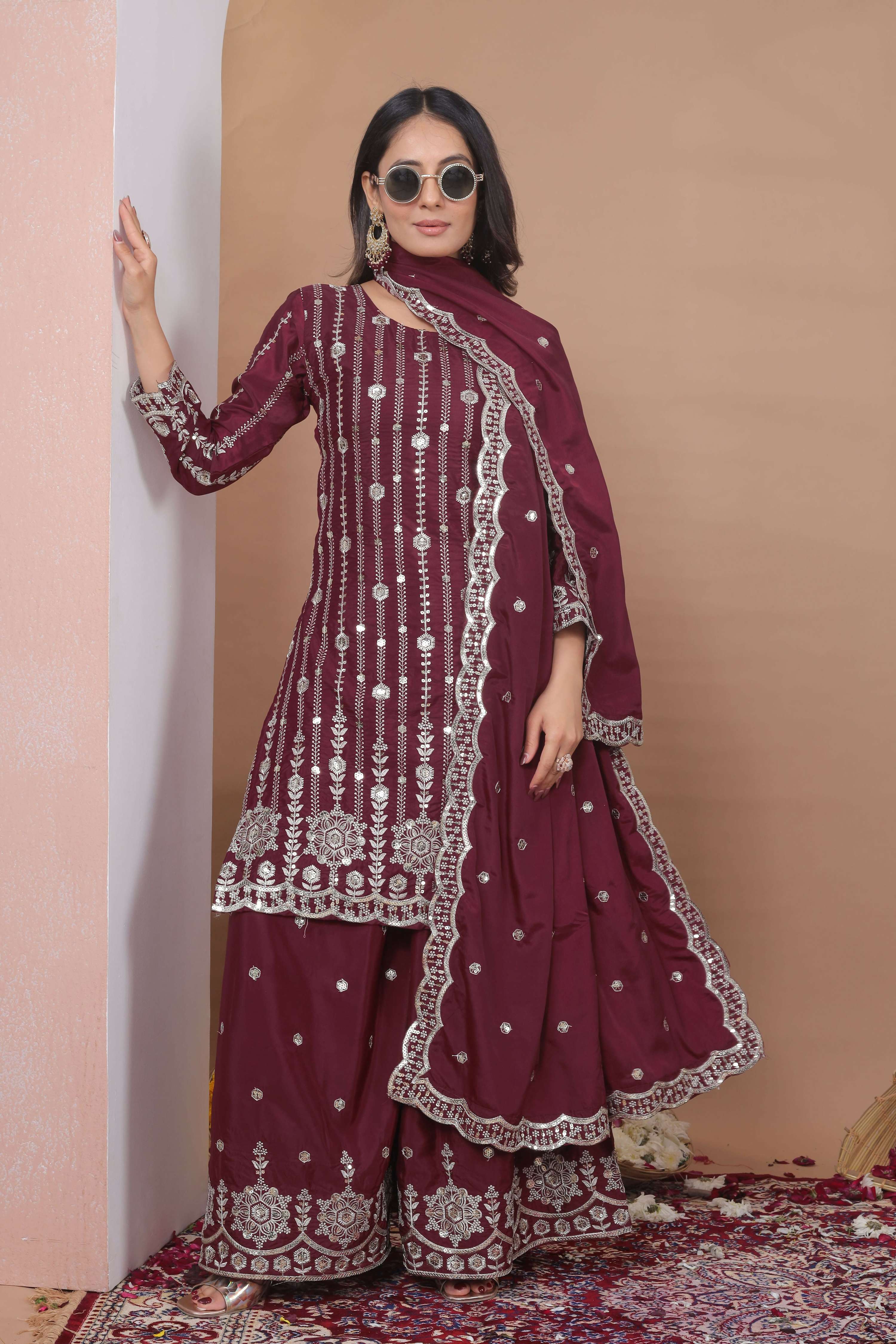 The52 Women's Gorgeous Embroidery Work Natural Crepe Fabric Straight Kurta Sharara and Dupatta Set-Maroon | Grocsy
